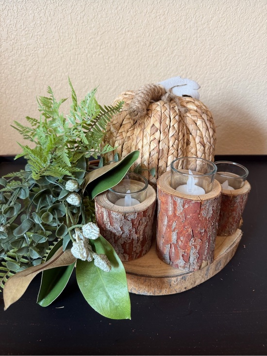 Other - Rustic Lodge Cabin Wood Bark Votive Candle Holders & Pumpkin Fall Centerpiece